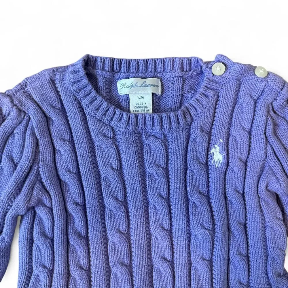 Ralph Lauren Baby Girls Cable Knit Peplum Sweater 12M Purple 100% Cotton